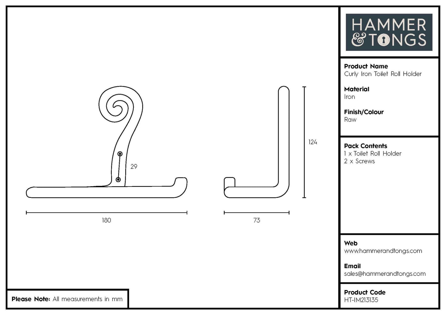 Curly Iron Toilet Roll Holder - W180mm - Raw